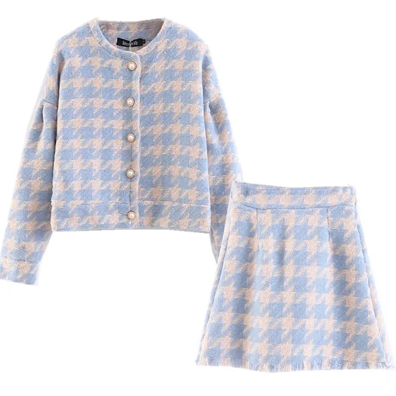 Voguable Vintage Sweet Women Pearl Button Check Gingham Plaid Blazer High Waist A line Mini Short Skirts Long Sleeve Suits 2 Pieces Set voguable