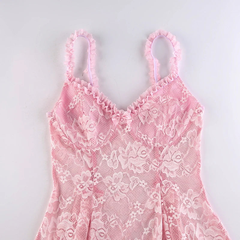 Sweet Cute Lace Cami Dress See Through Sexy Slim Sleeveless Ruffles Bow A-Line Mini Dresses For Women Summer Spring Lady voguable