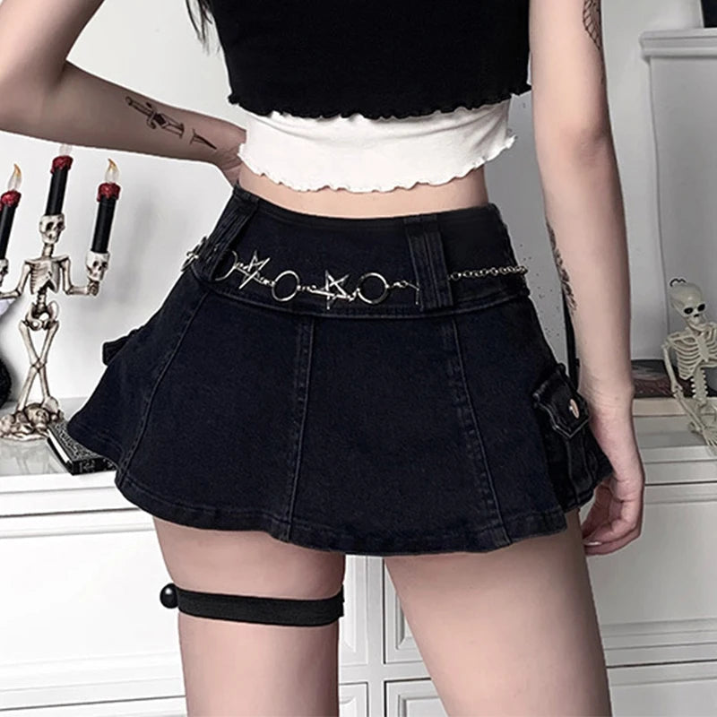 Harajuku Y2k Denim Skirt Women Dark Gothic Streetwear Mini Skirt with Skull Belt Mall Goth Punk Grunge Sexy Emo Clubwear voguable