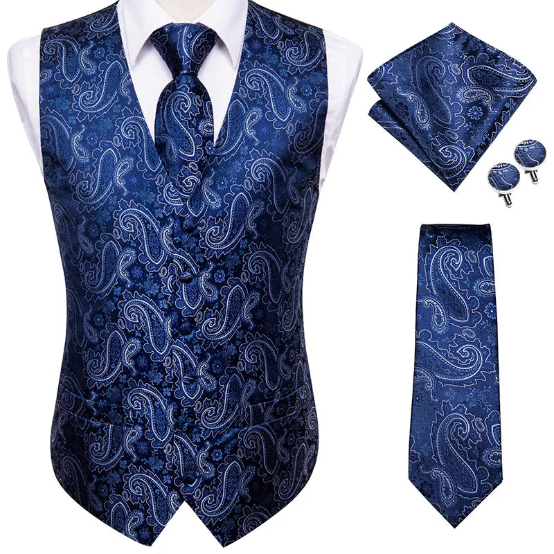 Hi-Tie Pink Green Paisley Silk Dress Vest Set For Men Dark Blue Jacquard Mens Suit Vest Male Waistcoat For Wedding Formal Jacket voguable