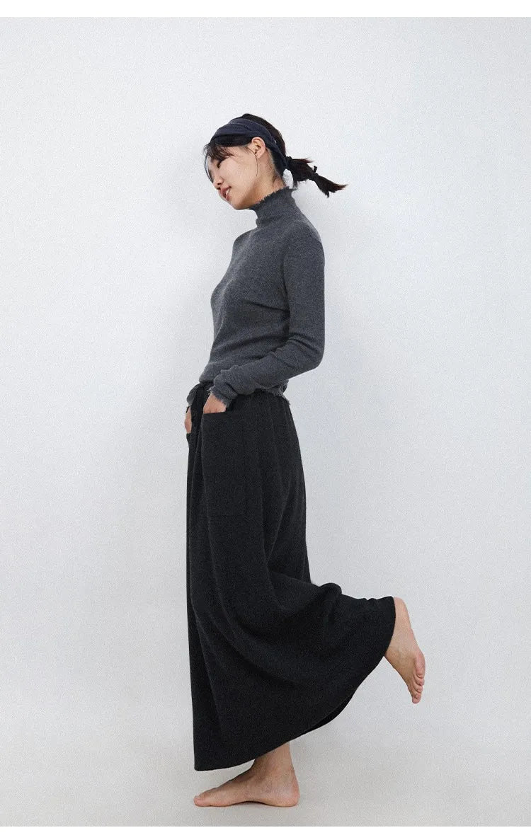 Cashmere skirt ladies high waist stretch skirt casual knitted half length long skirt with pockets winter warm female skirt voguable