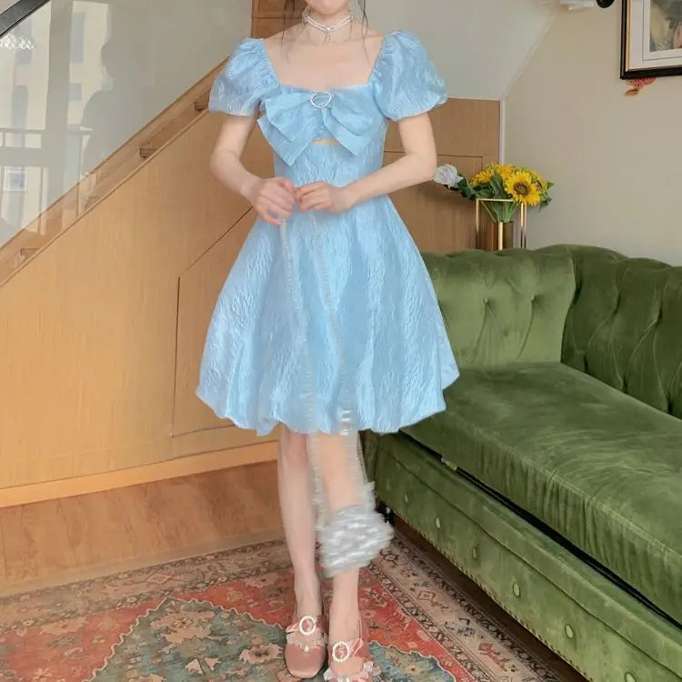 Voguable Blue Elegant Fairy Dress Women Summer 2021 Korean Puff Sleeve Party Princess Sweet Dress Female Kawaii High Waist Casual Dress voguable