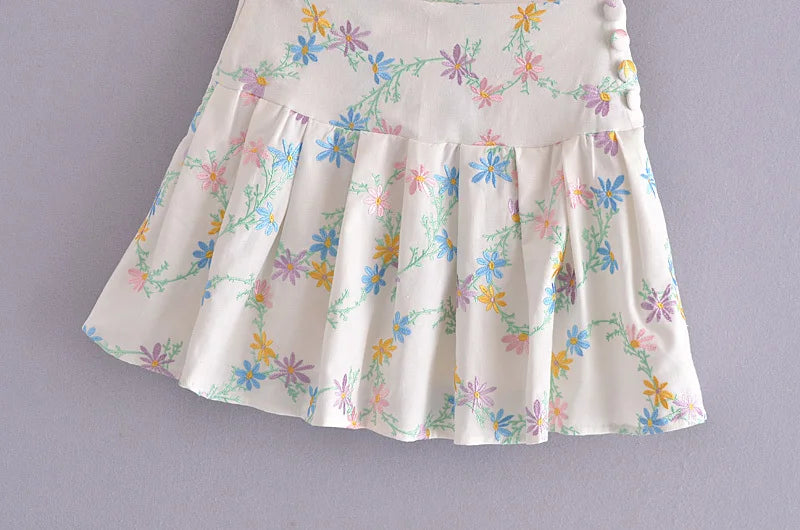 Voguable  Floral Embroidery Pleated Mini Skirt New Women Side Zipper Button High Waist Jupe Summer Fashion Faldas voguable