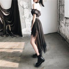 Women's High Waist Bust Mesh Skirt Short Front and Long Back  Korean New Office Lady  Ball Gown  Knee-Length voguable