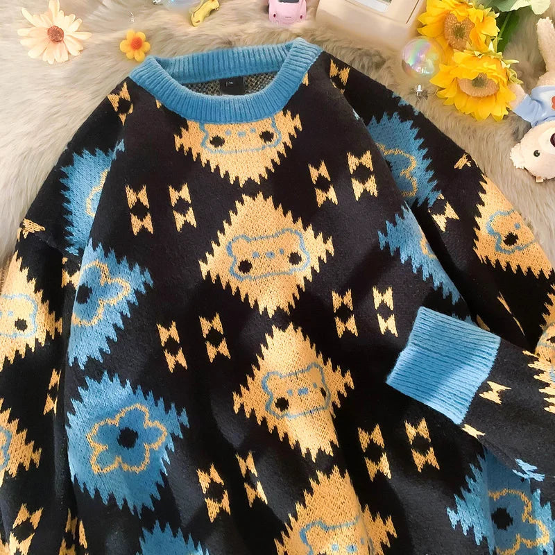 Vintage Harajuku Women Sweaters Korean Chic Kawaii Cartoon Knitted Pullovers Sweater Japanese O Neck Oversize Jumpers