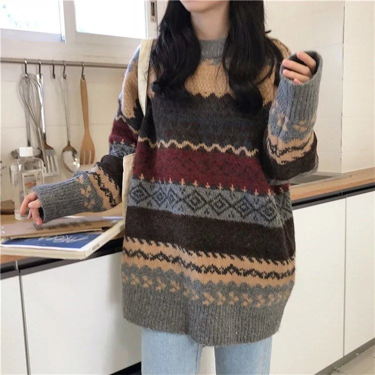 Vintage Sweaters Women Pullover Winter Striped Jumpers Korean Style Loose Pullover Knitwear Casual Loose Sweater Pull Femme voguable