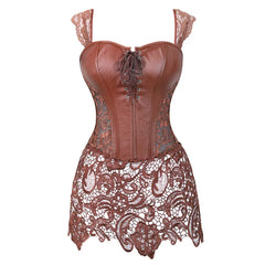 Voguable Steampunk Leather Corse Dress Gothic Sexy  Corset Bustier Straps Black Zipper Lace Skirt Exotic Plus Size Espartilho Brown Red voguable