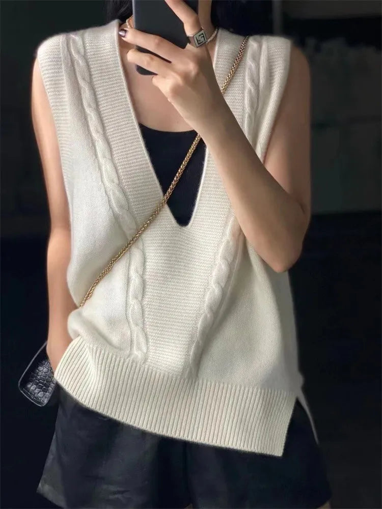 Voguable V Neck Knitted Vest Sweater Sleeveless Women Khaki Casual Pullover Black  Autumn Winter Gray Jumper Fashion voguable