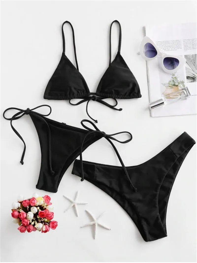 Voguable Sexy Micro Bikini Women Solid Black Push Up Padded Thong 3 Piece Swimsuit Summer Bathers Bathing Suit Mini Swimwear Biquini voguable