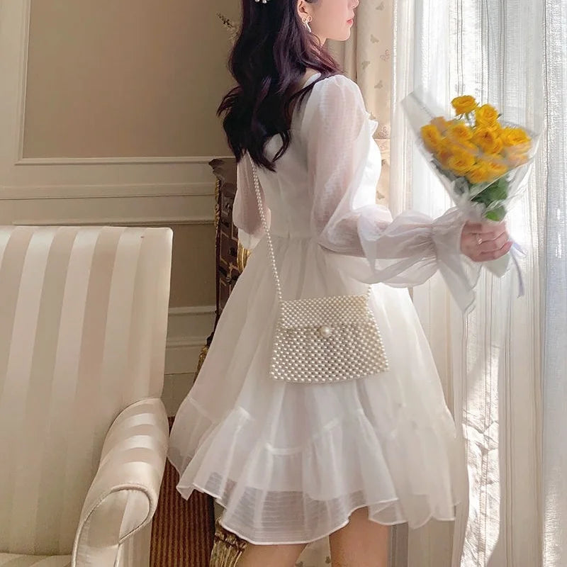 Voguable French Sweet Fairy Lolita Dress Women Long Sleeve Lace Y2K Mini Dress Vintage Kawaii Clothes One Piece Dress Autumn voguable