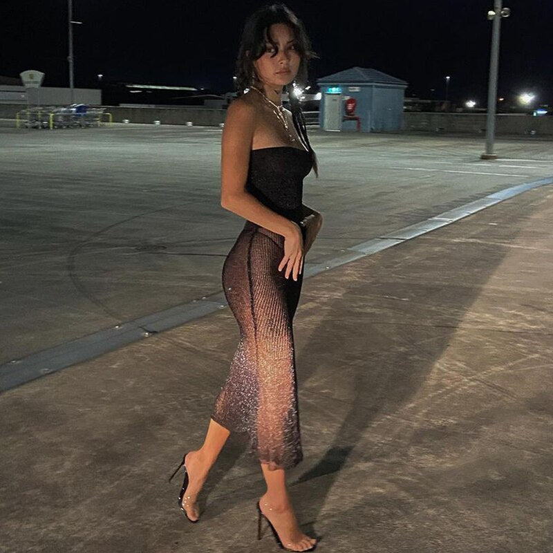 Voguable  Mesh Off Shoulder Black Sleeveless Patchwork See Through Sexy Midi Dress Summer Bodycon Holiday Party Outfits Y2K voguable