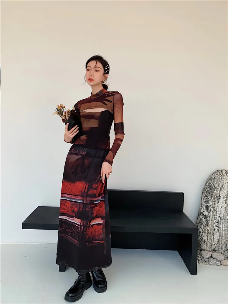 2 Piece Mesh Long Sleeve Punk Dress Women Turtleneck Long Midi Bodycon Ladies Dress Runway Fashion Designer Clothes voguable