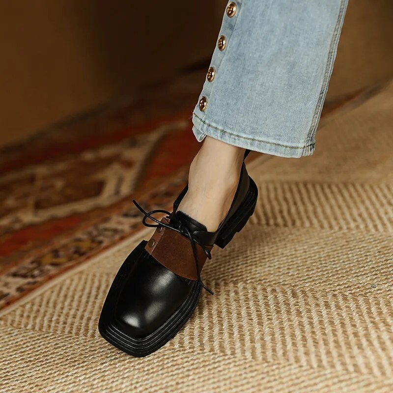 Lace-up Black Women Shoes  New Genuine Leather Shoes Woman Heels Working Thick Botton Square Toe Women Shoes Shoes for Women voguable