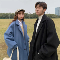 Lovers Mid-Length Woolen Coat Men's Autumn Winter Thickened Big Fleece Windbreaker Korean Trend British Solid Simple Streetwear