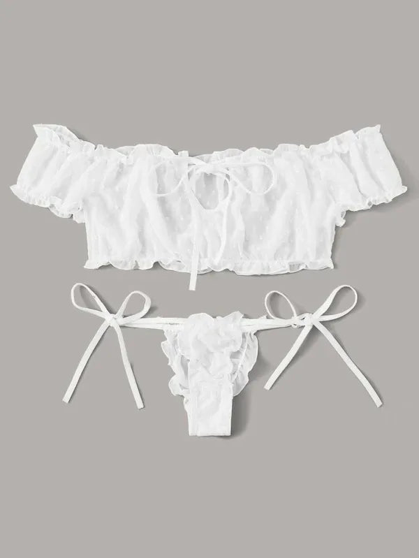 2PCS Off Shoulder Lace Up Bikini Set Women Sweet Casual Short Sleeve Swimsuits Beachwear Bathing Suits Sexy Lingerie