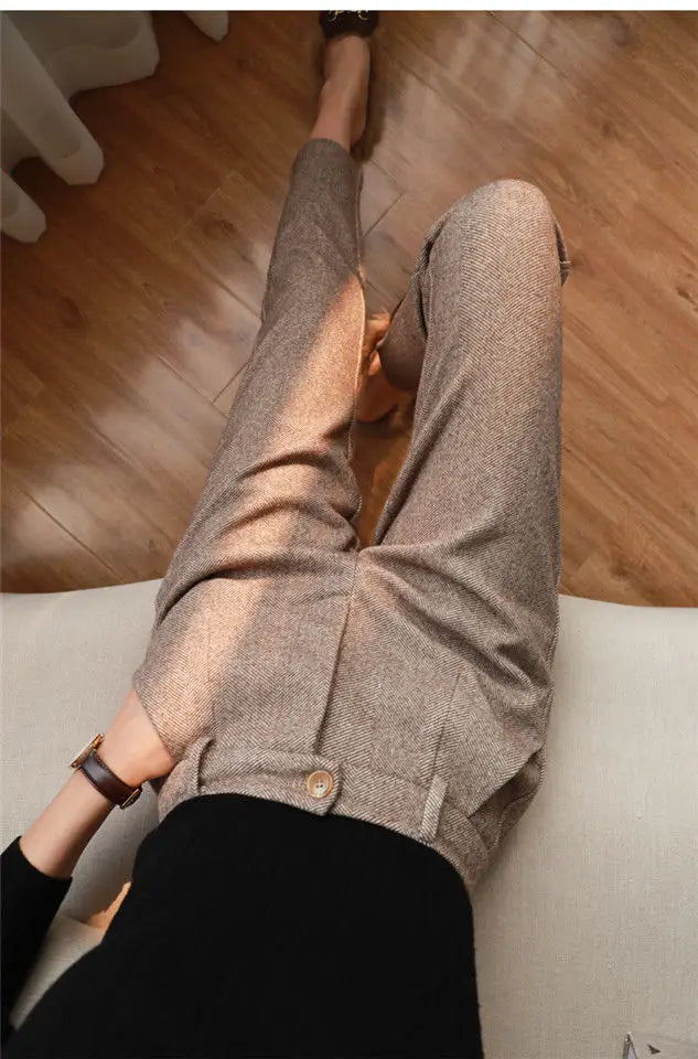 Woolen Pants Women's Harem Pencil Pants Autumn Winter High Waisted Casual Suit Pants Office Lady Women Trousers voguable