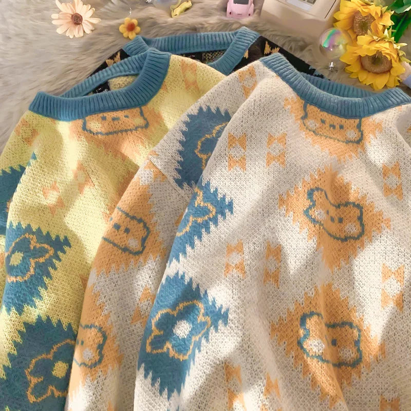 Vintage Harajuku Women Sweaters Korean Chic Kawaii Cartoon Knitted Pullovers Sweater Japanese O Neck Oversize Jumpers
