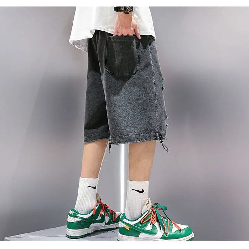 Voguable Black Baggy Short Jeans Men Denim Shorts Blue Ripped Jeans for Men Summer Japanese Hip Hop Jeans Streetwear Harajuku voguable