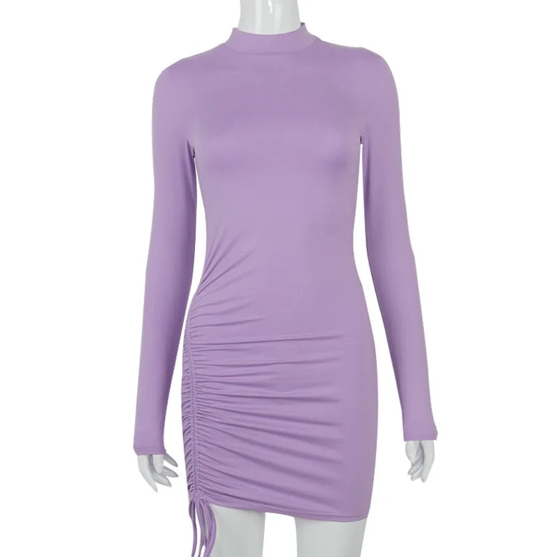 Long Sleeve Ruched Bodycon Dress Women Turtleneck Bandage Mini Dresses Autumn Black Skinny Stretchy Party Vestidos voguable