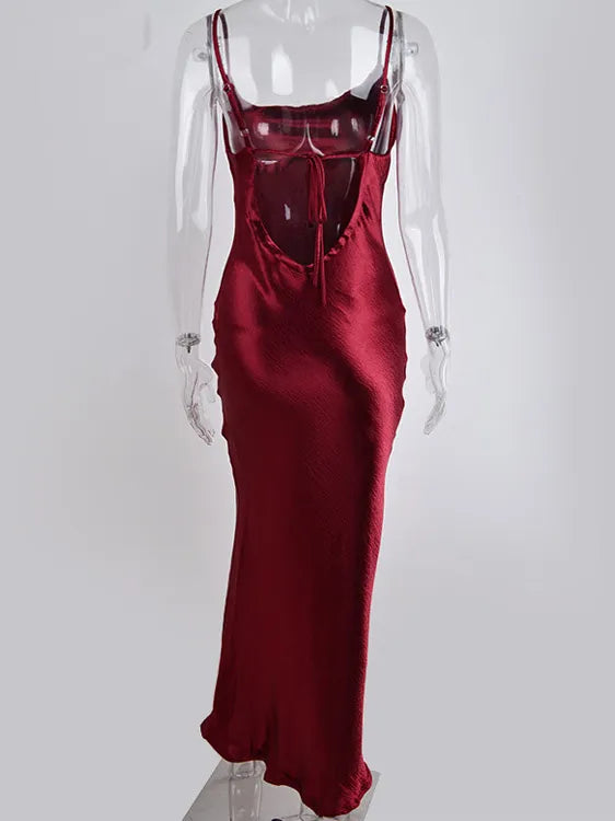 Sexy Spaghetti Strap Backless Summer Dress Women Satin Lace Up Trumpet Long Dress Elegant Bodycon Party Dresses voguable