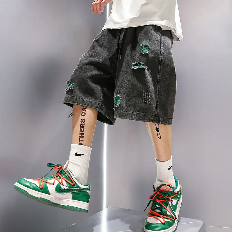 Voguable Black Baggy Short Jeans Men Denim Shorts Blue Ripped Jeans for Men Summer Japanese Hip Hop Jeans Streetwear Harajuku voguable