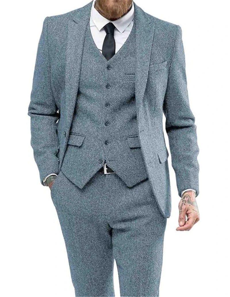 Men's Suits 3 Pieces Black Wool Herringbon Slim Fit Casual Formal Business Groomsmen Tweed Tuxedos for Wedding Blazer+Pants+Vest voguable