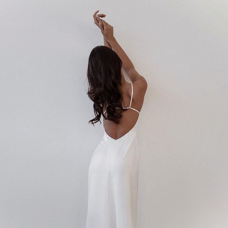 Cutenew Summer Fashion Elegant Solid Color Silk Women Long Dresses Sexy Backless V-Neck Party Vacation Club Night A-Line Dresses voguable