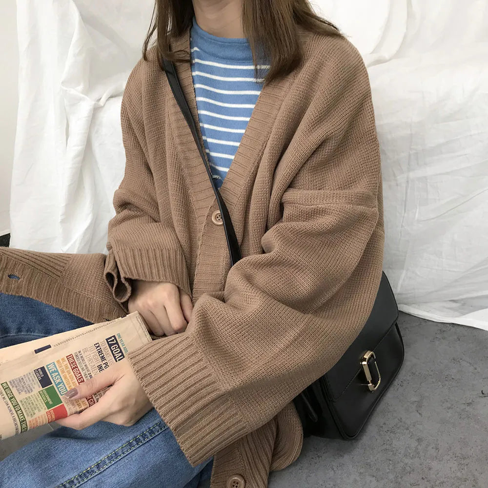 Sweaters Women Knitting Cardigans Casual Spring V-Neck Long Sleeve Daily Solid Mujer Clothes Single Breasted Brown College voguable