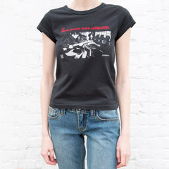 Women "Radio Silence" Print Front Short Sleeve T-shirt Crop Top voguable