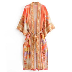 Voguable Bohemia Orange Mermaid Flower Crane Print Long Kimono Shirt Ethnic Lacing up Sashes Long Holiday Cardigan Loose Blouse Tops voguable