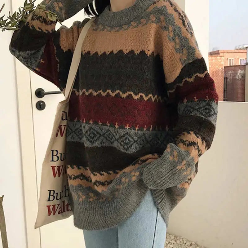 Vintage Sweaters Women Pullover Winter Striped Jumpers Korean Style Loose Pullover Knitwear Casual Loose Sweater Pull Femme voguable