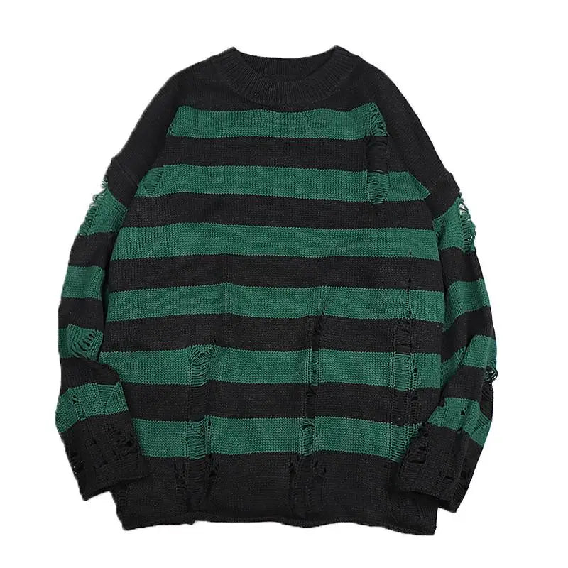 Black Stripe Sweaters Destroyed Ripped Sweater Men Pullover Hole Knit Jumpers Men Oversized Sweatshirt Harajuku Long Sleeve Tops voguable
