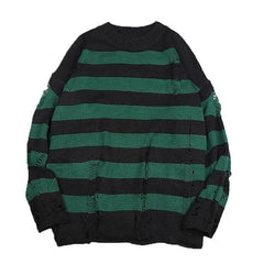 Black Stripe Sweaters Destroyed Ripped Sweater Men Pullover Hole Knit Jumpers Men Oversized Sweatshirt Harajuku Long Sleeve Tops voguable