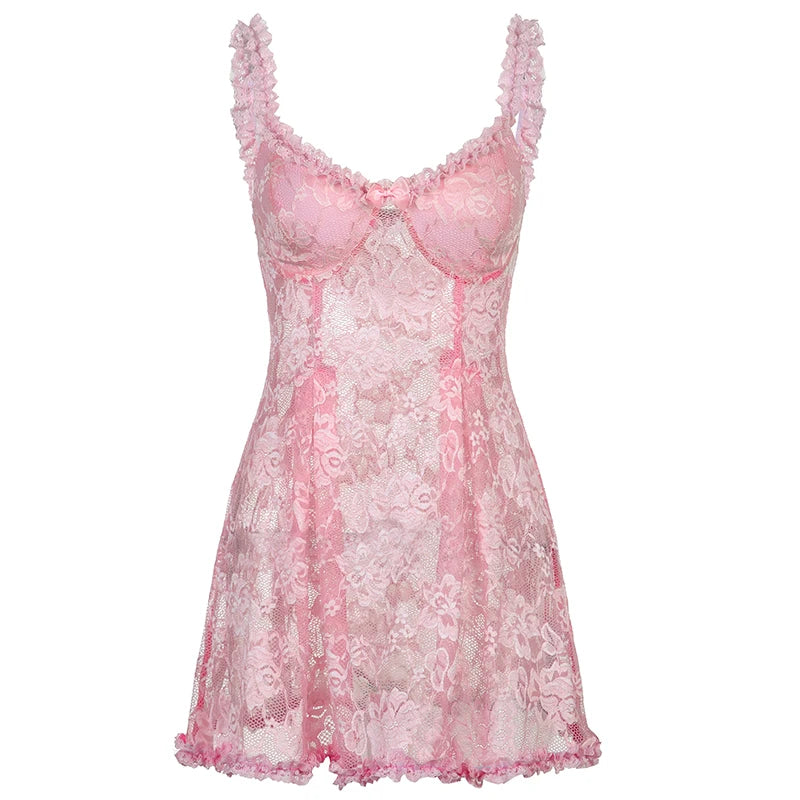 Sweet Cute Lace Cami Dress See Through Sexy Slim Sleeveless Ruffles Bow A-Line Mini Dresses For Women Summer Spring Lady voguable