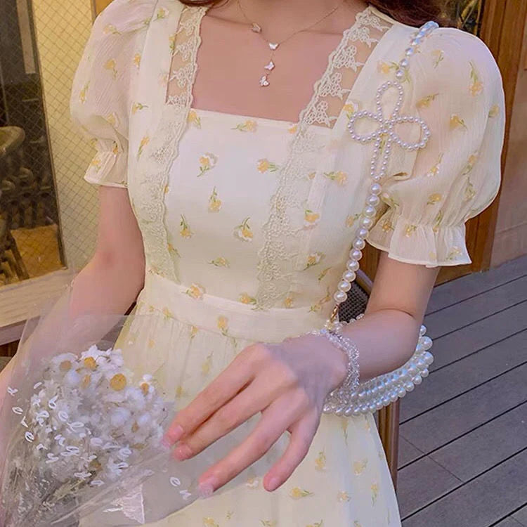 Voguable Korean Fashion Flower Mini Dresses Women Puffer Sleeve Elegant Party Dress Female Summer Lace Up Sweet Casual Dress voguable