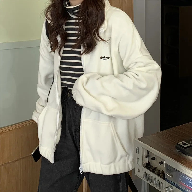 Hoodies Women Zip-up Turn-down Collar Printed Pocket Long Sleeve Korean Style New Trendy Casual BF Ulzzang Harajuku Womens Daily voguable