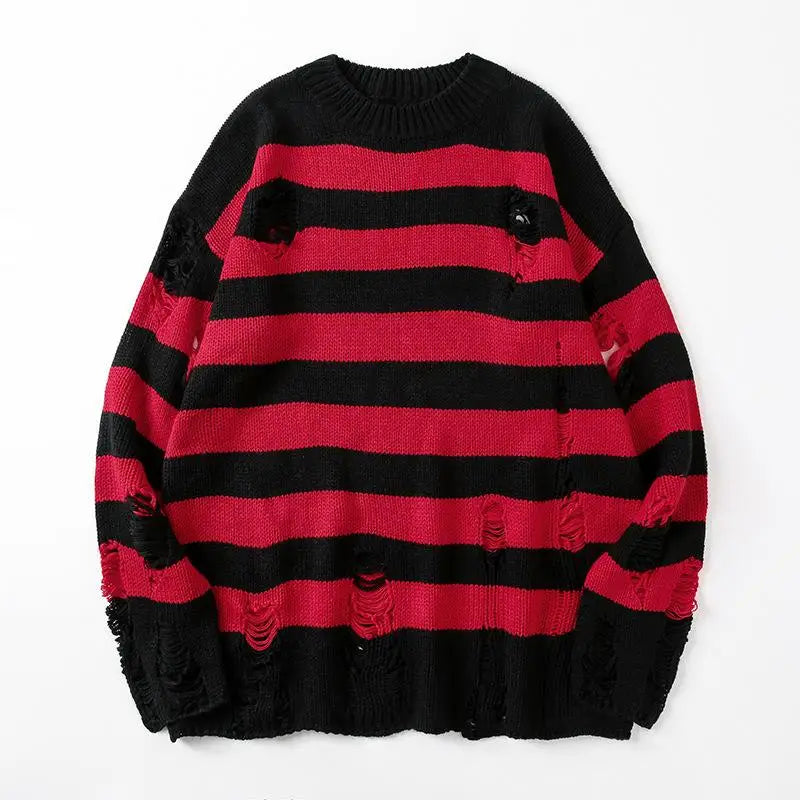 Black Stripe Sweaters Destroyed Ripped Sweater Men Pullover Hole Knit Jumpers Men Oversized Sweatshirt Harajuku Long Sleeve Tops voguable