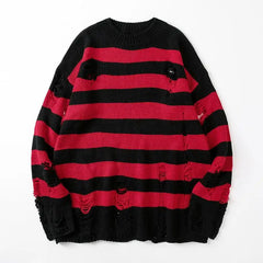 Black Stripe Sweaters Destroyed Ripped Sweater Men Pullover Hole Knit Jumpers Men Oversized Sweatshirt Harajuku Long Sleeve Tops voguable