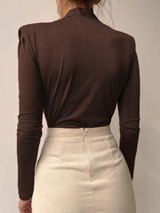 V Neck Brown Bodysuit Women Autumn Long Sleeve Top Bodies Sexy Female Overalls Casual Bodycon Bodysuits voguable