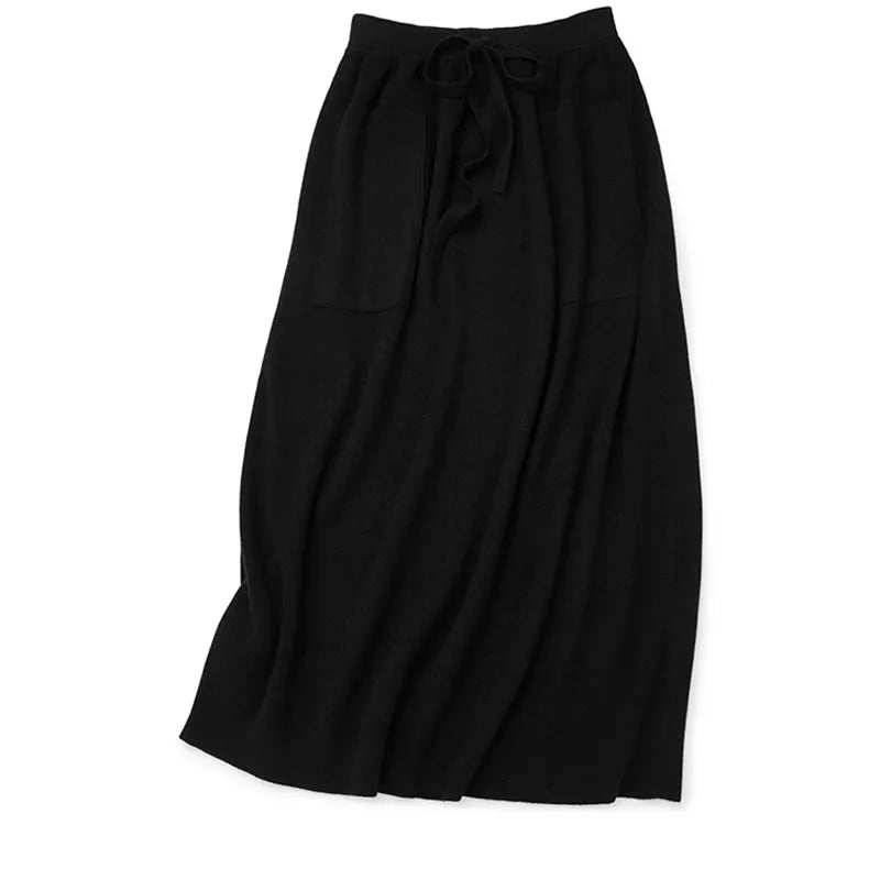 Cashmere skirt ladies high waist stretch skirt casual knitted half length long skirt with pockets winter warm female skirt voguable