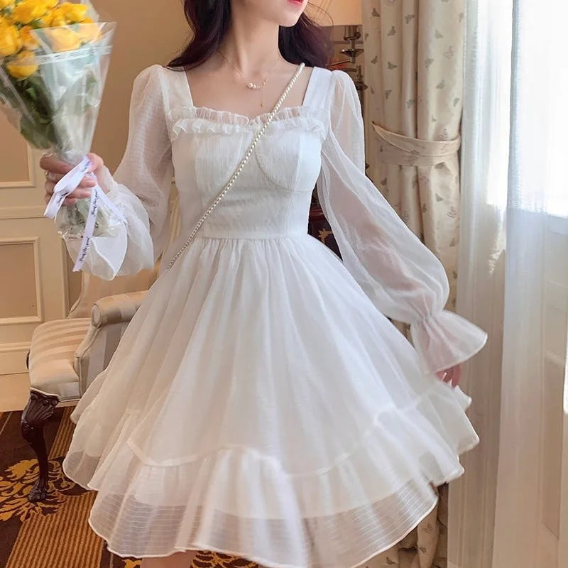 Voguable French Sweet Fairy Lolita Dress Women Long Sleeve Lace Y2K Mini Dress Vintage Kawaii Clothes One Piece Dress Autumn voguable