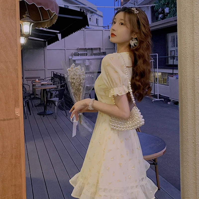 Voguable Korean Fashion Flower Mini Dresses Women Puffer Sleeve Elegant Party Dress Female Summer Lace Up Sweet Casual Dress voguable