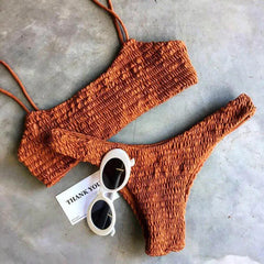 Yellow Ruffles Crochet Sexy Bikini Set Women Push-up Padded Bra Biquini Swimsuit e Swimwear Bathing Suit Mujer