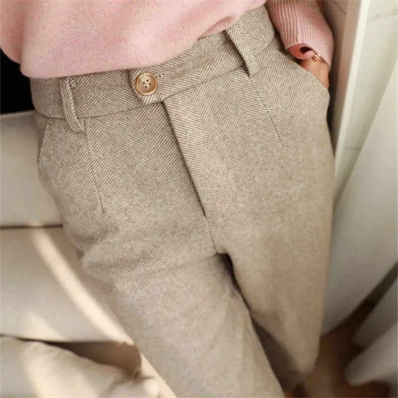 Woolen Pants Women's Harem Pencil Pants Autumn Winter High Waisted Casual Suit Pants Office Lady Women Trousers voguable