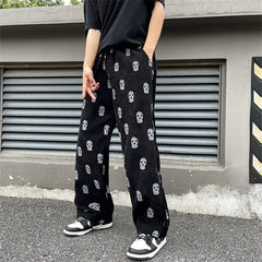 Gothic Skull Full Print Casual Drawstring Baggy Men Tracksuit Pants Corduroy Straight Sweatpants Male Hip Hop Long Trousers voguable