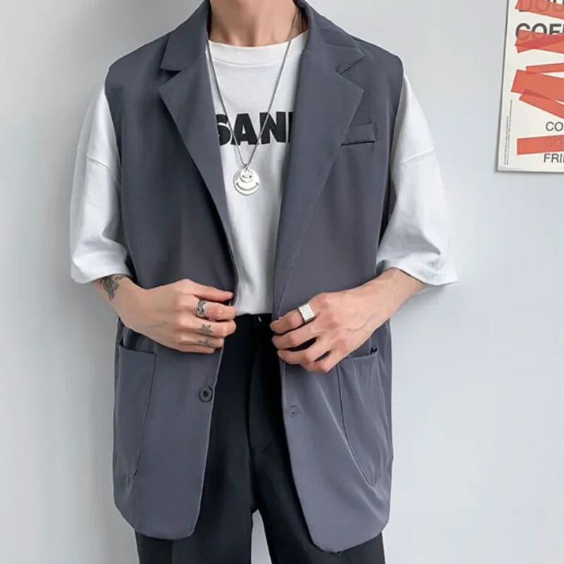 Voguable Spring Suit Vest Men's Fashion Gray Black Dress Jacket Men Suit Jacket Korean Loose Business Society Men Blazer Vest M-2XL voguable