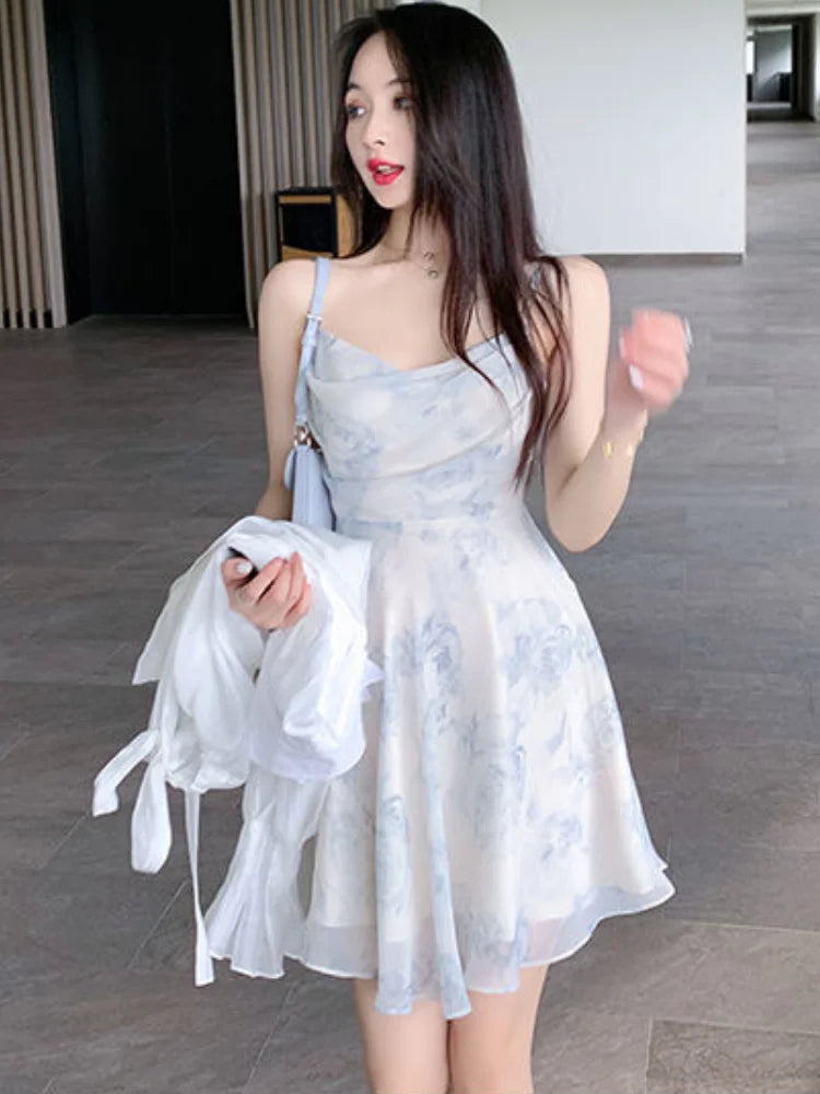 Voguable Summer Party Midi Elegant Dress Women Strap Sexy Design High Wasit Vintage Casual Sleeveless Chiffon Sweet Dress voguable