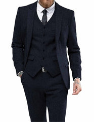 Men's Suits 3 Pieces Black Wool Herringbon Slim Fit Casual Formal Business Groomsmen Tweed Tuxedos for Wedding Blazer+Pants+Vest voguable