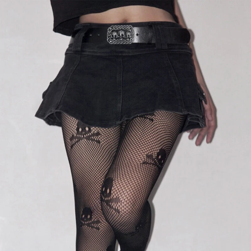Harajuku Y2k Denim Skirt Women Dark Gothic Streetwear Mini Skirt with Skull Belt Mall Goth Punk Grunge Sexy Emo Clubwear voguable