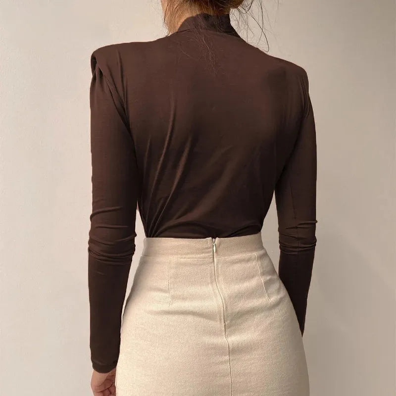 V Neck Brown Bodysuit Women Autumn Long Sleeve Top Bodies Sexy Female Overalls Casual Bodycon Bodysuits voguable